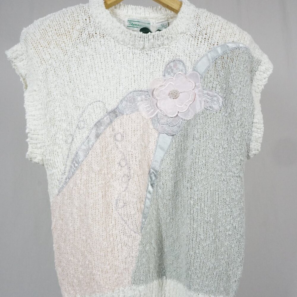 Shenanigans Woman's Large Square Chunky Knit Floral Short Sleeve Vintage NWT!